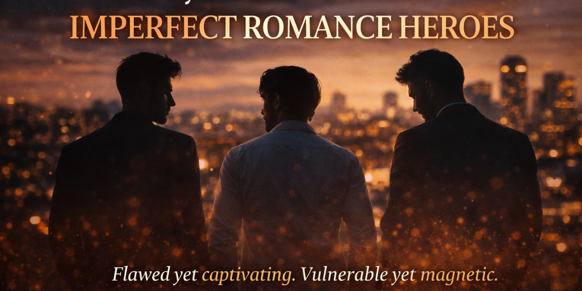 Three silhouetted men standing against a glowing city skyline at sunset, representing imperfect romance heroes with depth and vulnerability.