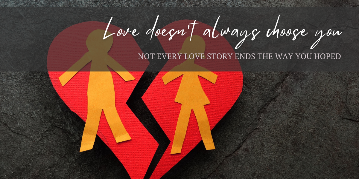 A broken heart with a man and woman separated, symbolizing why romance endings don’t always satisfy readers and how love doesn’t always choose you