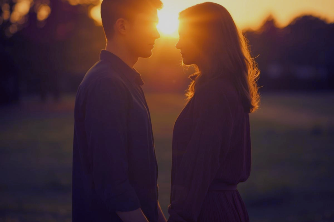 A couple facing each other at sunset, symbolizing emotional tension and connection, reflecting why romance endings don’t always satisfy readers