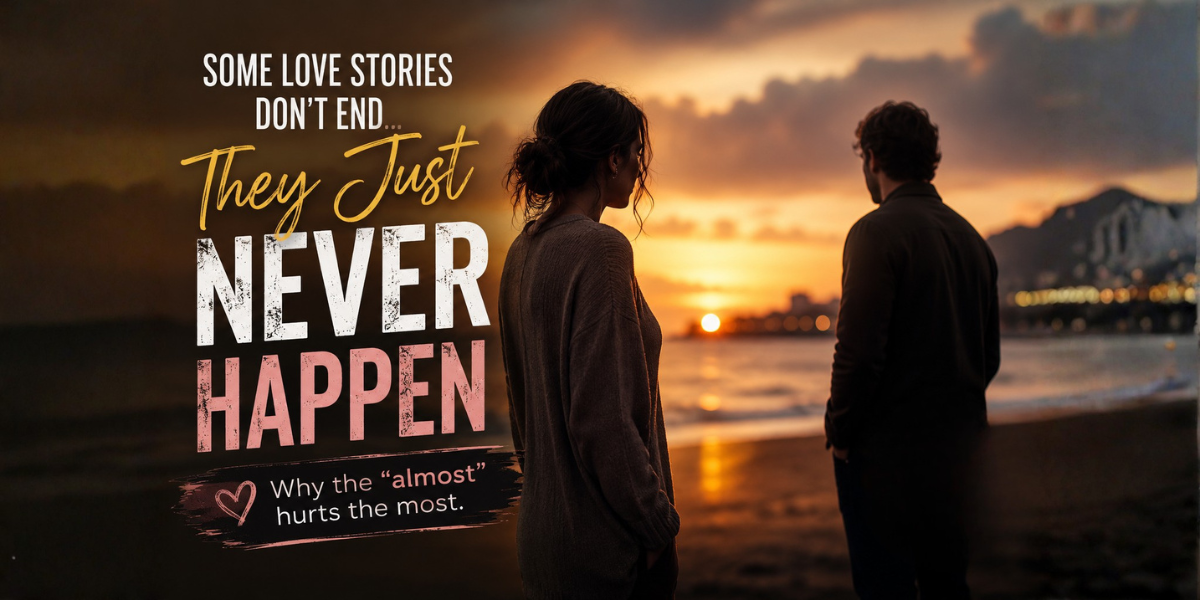 A man and woman standing apart on a beach at sunset, symbolizing the one that got away and the heartbreak of unfinished love