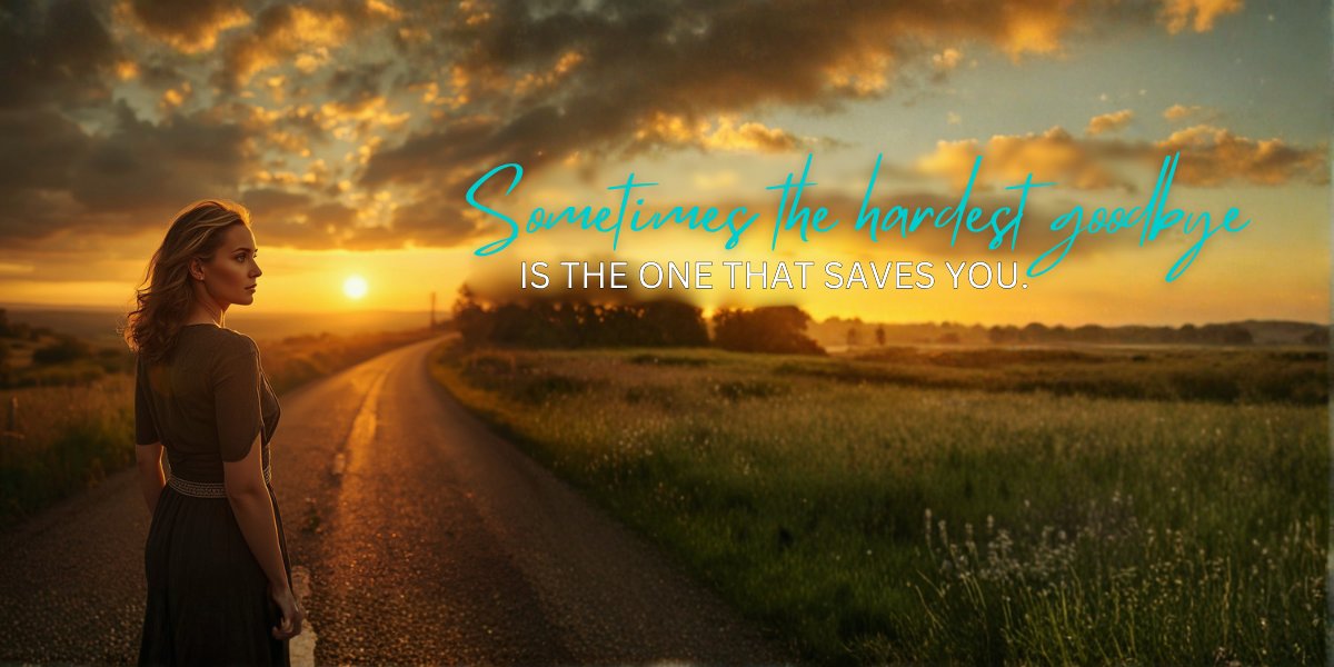Woman standing alone on a country road at sunset with the quote "Sometimes the hardest goodbye is the one that saves you," symbolizing healing and second chance romance stories.