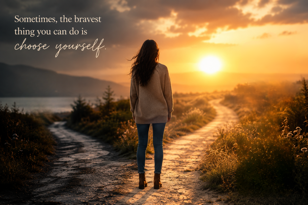 Woman standing alone on a winding path at sunset, representing healing, self-discovery, and the journey often seen in second chance romance stories.