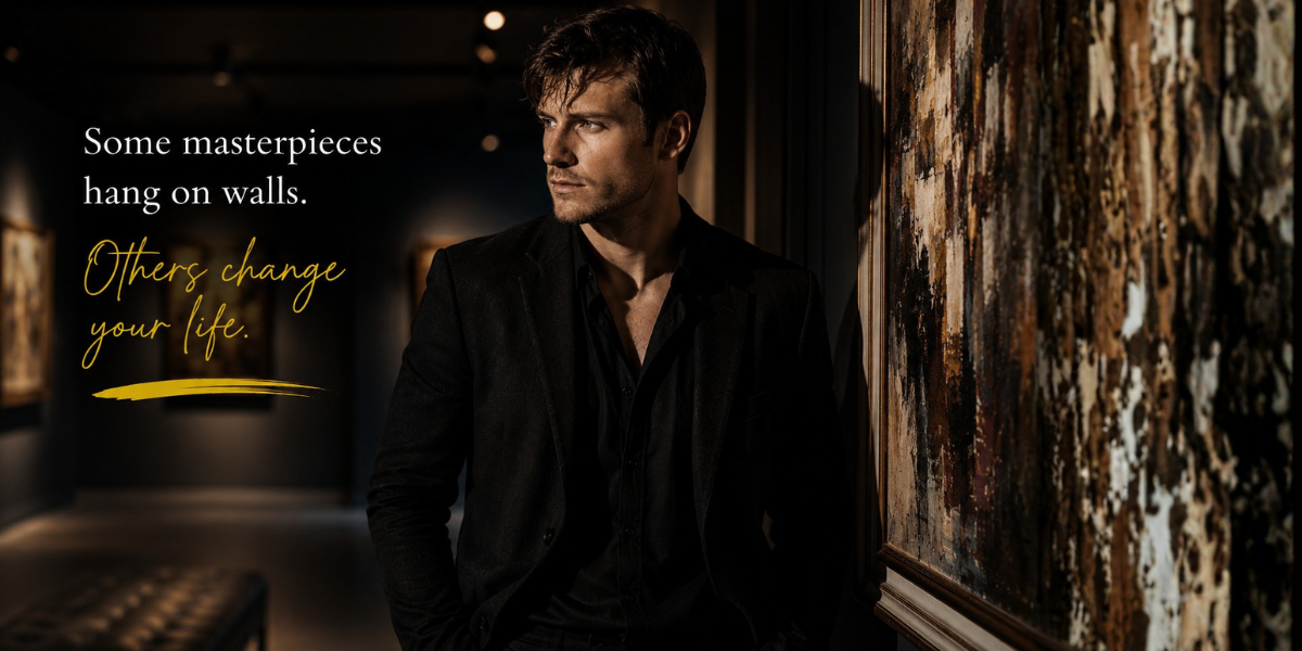 Pensive gallery owner standing beside a painting in an art gallery, representing a romance novel with gallery owner hero as he reflects on love, identity, and meaningful connections.
