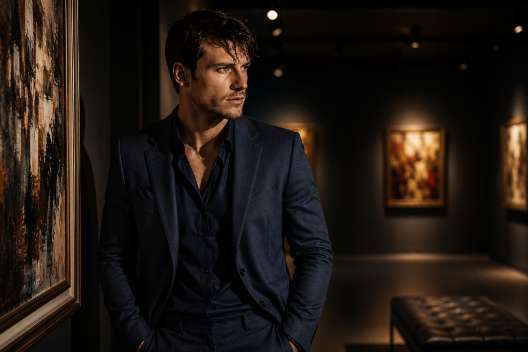 Thoughtful gallery owner in a navy suit standing beside a painting in an art gallery, reflecting the emotional journey of a romance novel with gallery owner protagonist.