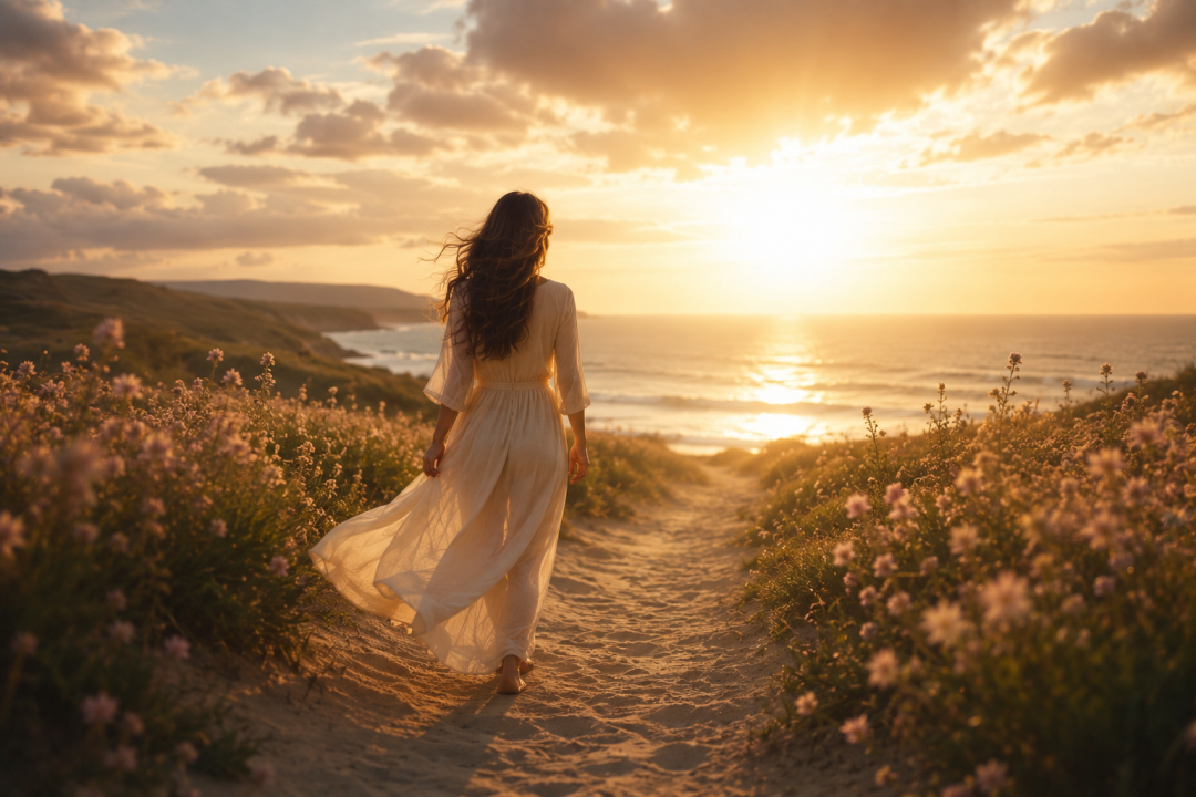 Woman walking toward the light at sunset, symbolizing hope and acceptance in romance books for anyone who needs closure