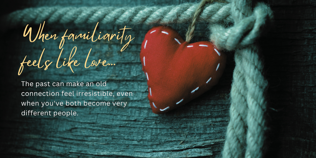 Red heart hanging on a rustic wooden surface, symbolizing familiarity, old love, and second chance romance books
